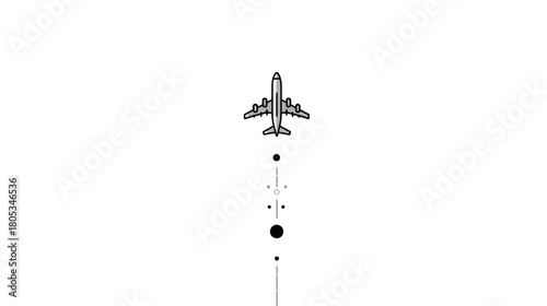 Minimalist black and white illustration of a passenger airplane taking off, showing an upward flight path with dots, symbolizing travel and ascent.
