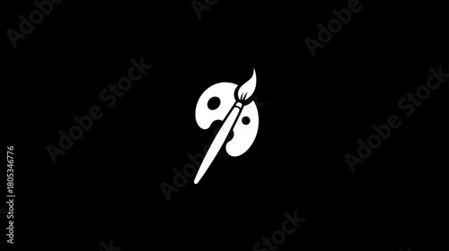 Creative White Paint Palette and Brush Icon on Black Background. Art, Painting, and Design Symbol Vector Illustration.
