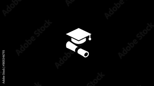 Isometric White Graduation Cap and Rolled Diploma Scroll Icon on Black Background, Representing Academic Achievement, Education, and University