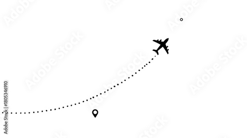 Airplane travel route with flight path from location pin to destination point on white background, journey concept