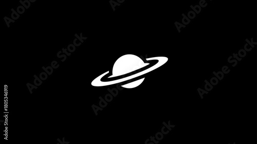 Minimalist White Planet with Rings Icon on Black Background, Representing Space, Astronomy, and Cosmic Exploration
