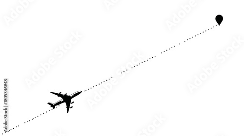 Commercial airplane silhouette on a dotted flight path to a map pin, representing travel, journey, destination, and global navigation.