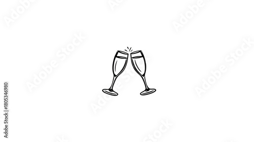 Elegant champagne flutes toasting with sparkling effects, black and white line art illustration for celebrations and parties