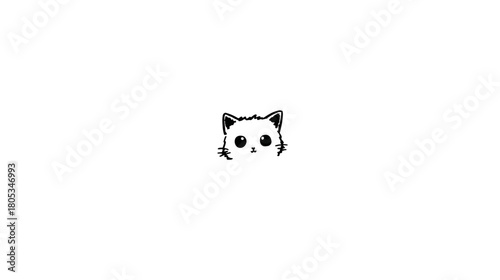 Cute minimalist black and white cat head peeking illustration with big round eyes on a clean white background, adorable kitten art