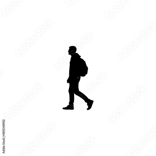 Dynamic silhouette of a traveler with backpack walking confidently toward the future, full length profile view