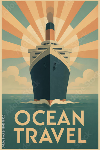 A large cruise ship sails forward on the ocean, illustrated in a retro graphic style with sunburst rays in the background and stylized waves below. Concept of vintage ocean travel. Art Deco style