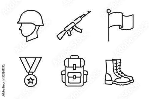 Military line art: helmet, rifle, flag, medal, backpack, boots icons