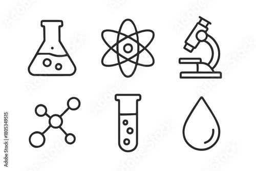 Scientific icons: beaker, atom, microscope, molecule, test tube, water drop
