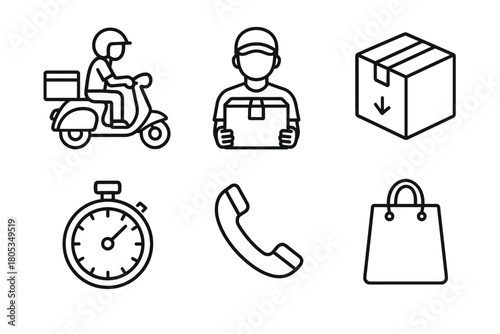 Delivery icons: male courier, package, stopwatch, phone, shopping bag, scooter