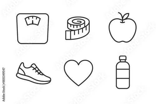 Healthy lifestyle icons: scale, measuring tape, apple, shoe, heart, water bottle