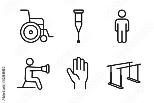 Disability support icons: wheelchair, crutch, hand, equipment, figures