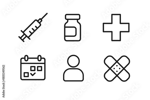 Medical icons: syringe, medicine, cross, calendar, person, bandage