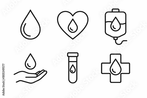 Blood donation symbols: drop, heart, bag, hand, test tube, medical cross