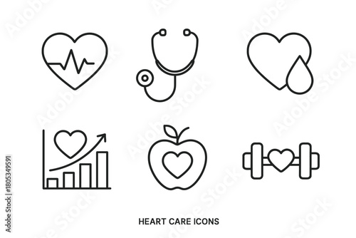 Heart care icons collection: fitness, monitoring, health symbols
