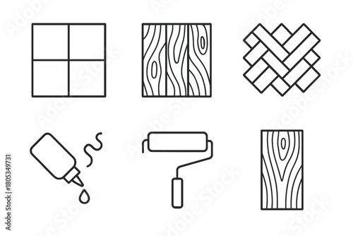 Wood flooring and maintenance icons: tiles, planks, herringbone, glue, roller