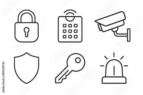 Home security icons set: lock, alarm, surveillance, shield, key, siren