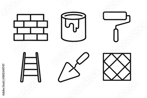 Construction and renovation tools: brick, paint, roller, ladder, trowel, tile icons