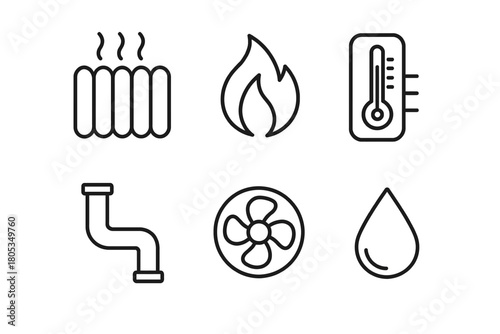 Heating and cooling icons: radiator, fire, thermometer, pipe, fan, water drop