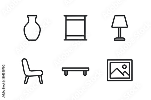 Minimalist furniture icons: vase, shelf, lamp, chair, bench, picture frame