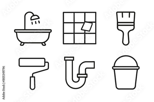 Bathroom renovation essentials: bathtub, tiles, paint brush, roller, pipe, bucket icons