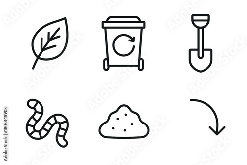Eco-friendly icons: compost, recycling, tools, and nature elements