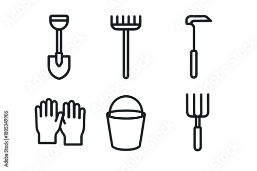 Collection of gardening tools - shovel, rake, hoe, gloves, bucket, pitchfork icons
