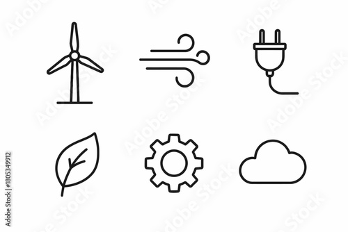 Set of eco-friendly energy icons: wind turbine, plug, leaf, gear, cloud