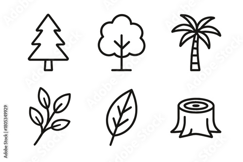 Tree and leaf icons featuring pine, oak, palm, and stump designs