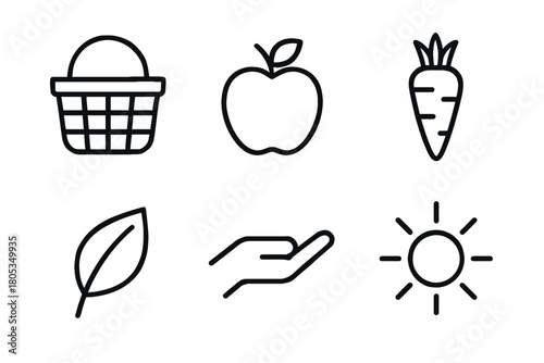 Set of minimalist icons: basket, apple, carrot, leaf, hand, sun