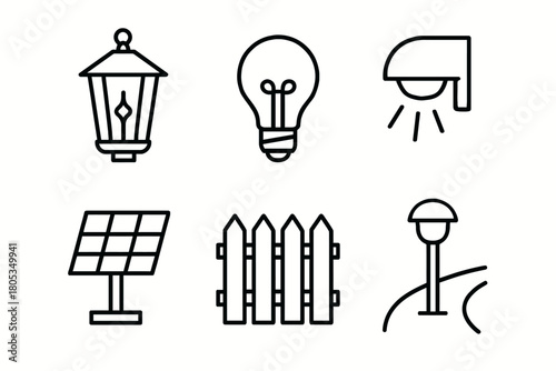 Street light, light bulb, cctv, solar panel, fence, path light icons