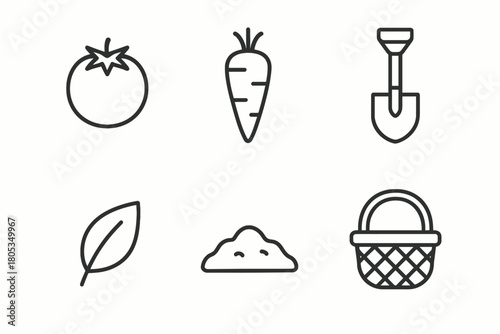 Gardening icons set: tomato, carrot, shovel, leaf, soil, basket