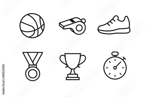 Simple line icons of sports equipment and awards including basketball and trophy