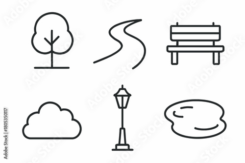 Minimalist park icons: tree, pathway, bench, cloud, streetlight, pond
