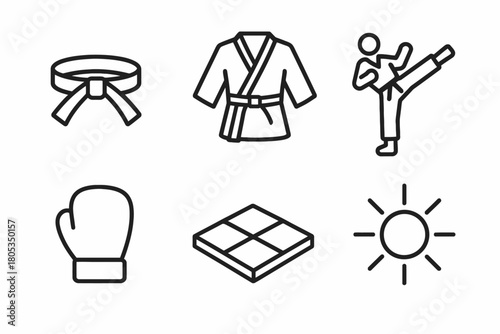 Karate and boxing icons: belt, gi, kick, glove, mat, sun illustrations