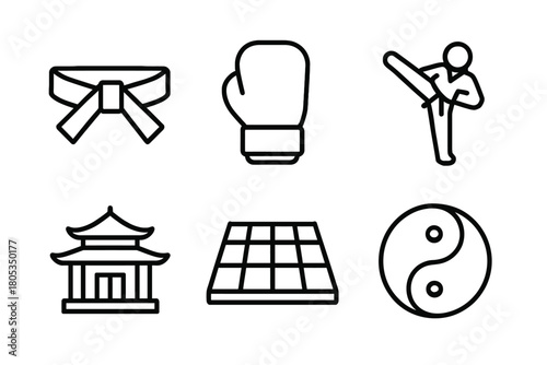 Martial arts icons: belt, boxing glove, kicking figure, temple, mat, yin yang symbol