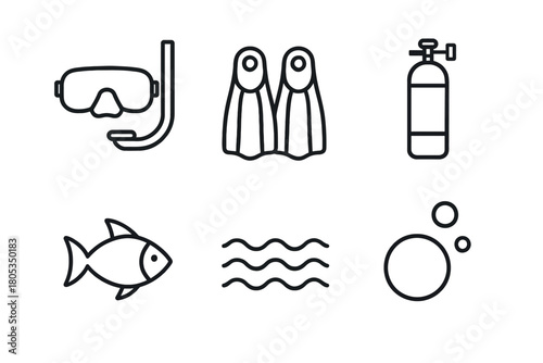 Scuba diving equipment: snorkel, fins, air tank, fish, waves, bubbles