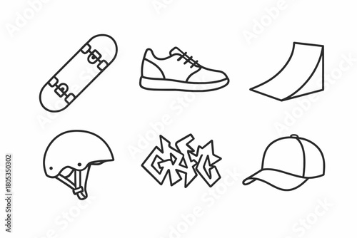 Skateboarding gear and graffiti art icons in black and white