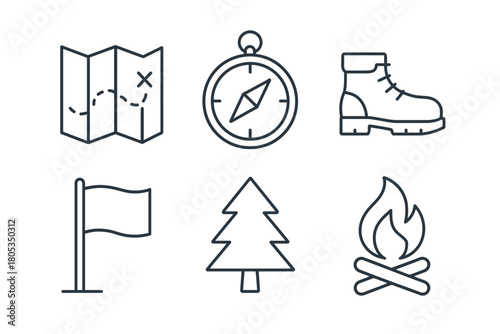Minimalist camping icons: map, compass, boot, flag, tree, campfire