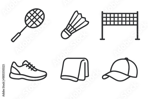 Badminton equipment icons: racket shuttlecock net shoe towel cap