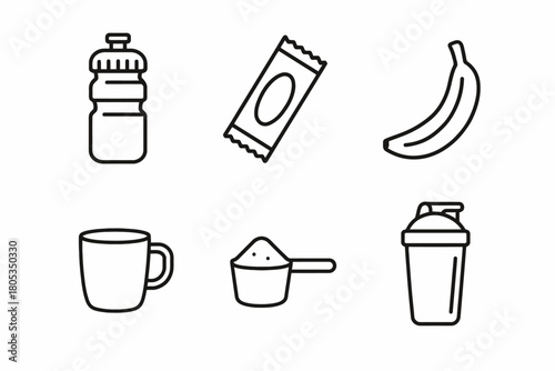 Healthy nutrition icons: water bottle, snack bar, banana, mug, protein powder, shaker cup