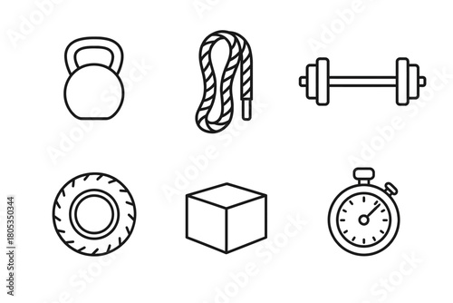 Minimalist gym equipment icons: kettlebell, jump rope, dumbbell, tire, box, timer