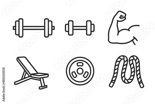 Fitness equipment icons: dumbbells, muscle, bench, plate, rope