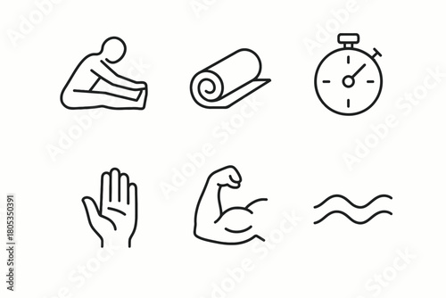 Yoga and fitness symbols: stretching, mat, stopwatch, hand, biceps, waves icons