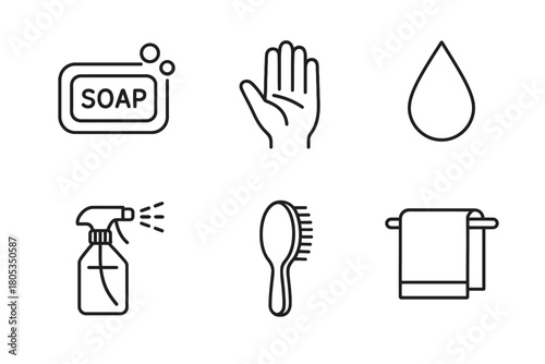 Minimalist hygiene icons: soap, hand, water, spray, brush, towel