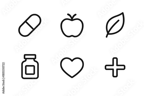 Healthcare and wellness icons: pill, apple, leaf, bottle, heart, plus sign