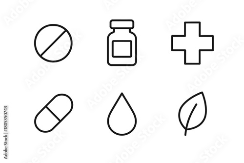 Minimalist healthcare icons: medicine, bottle, cross, capsule, water, leaf