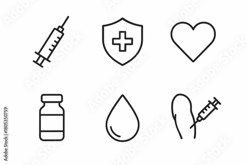 Medical icons featuring syringe, heart, shield, vial, drop, and injection arm