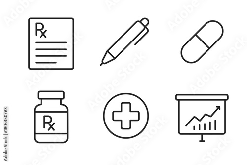Medical icons set featuring prescription, pen, capsule, medication bottle, first aid, growth chart