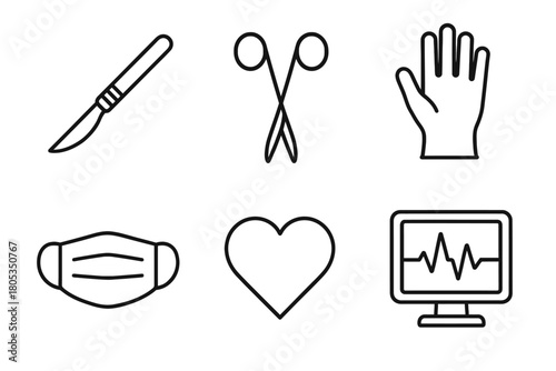 Medical instruments and icons: scalpel, scissors, glove, mask, heart, monitor
