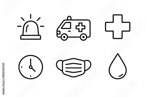 Healthcare icons: ambulance, mask, medical cross, alarm, clock, drop